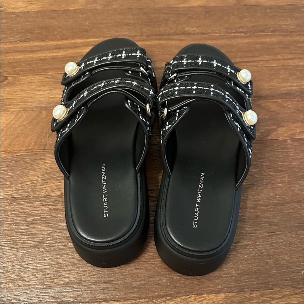 Stuart Weitzman Tweed Pearl Platform Slide Sandals Black White Size 7.5 NIB - Picture 5 of 11